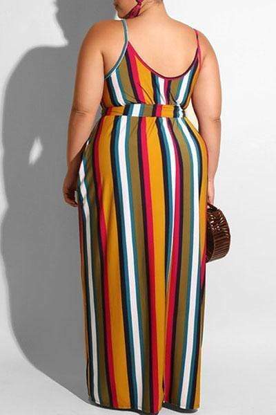 Printed Striped Lace-Up Maxi Dress