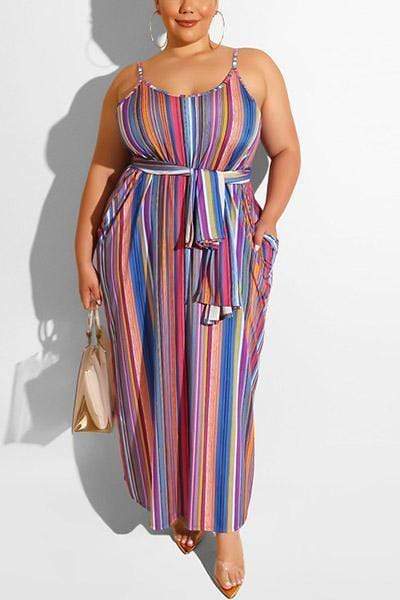 Printed Striped Lace-Up Maxi Dress