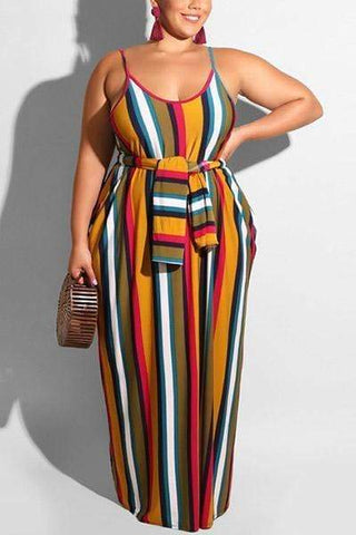 Printed Striped Lace-Up Maxi Dress