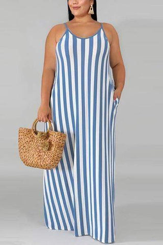 Printed Striped Lace-Up Maxi Dress