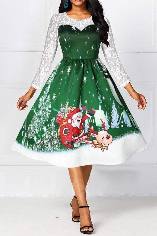 Christmas Lace Patchwork Sleeve Cartoon Dress