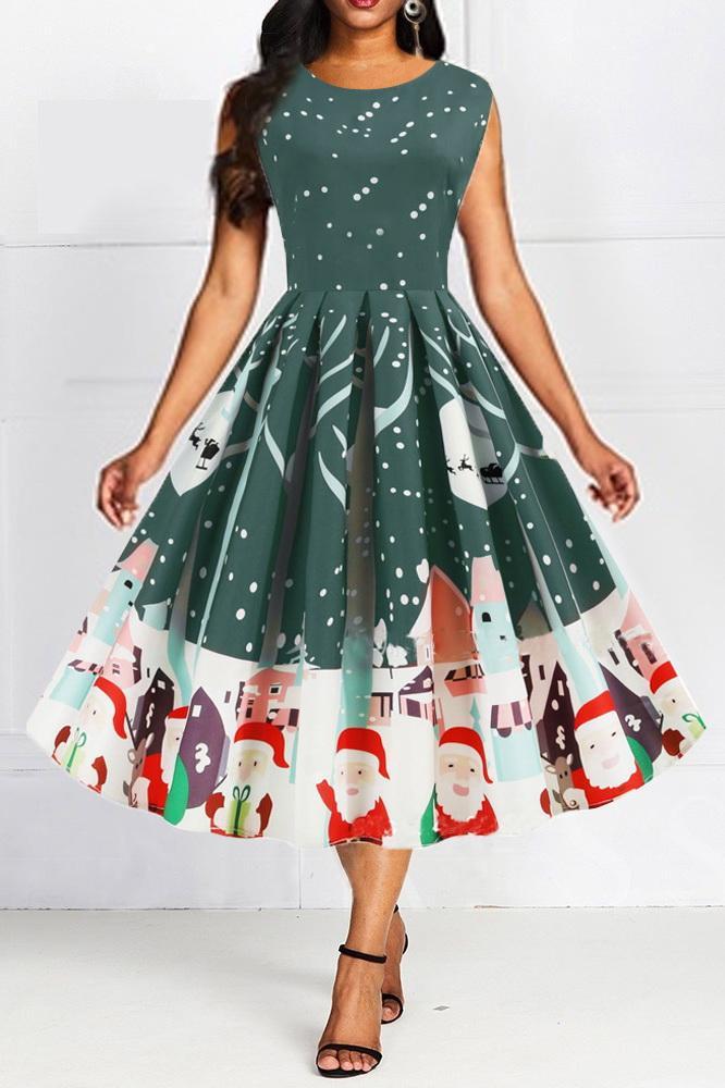 Fashion sleeveless Christmas Print Dress