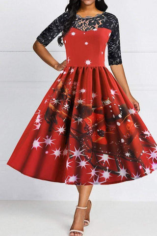 Fashion Lace Sleeve Christmas Print Party  Dress