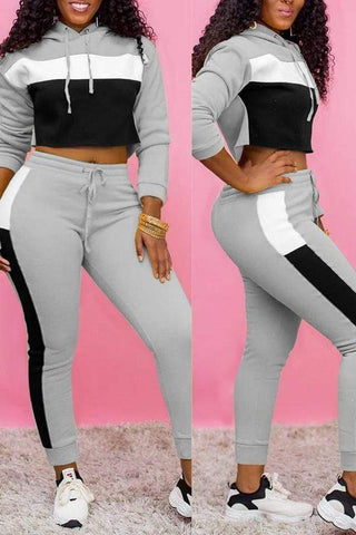 Casual Patchwork Crop Hoodie Set