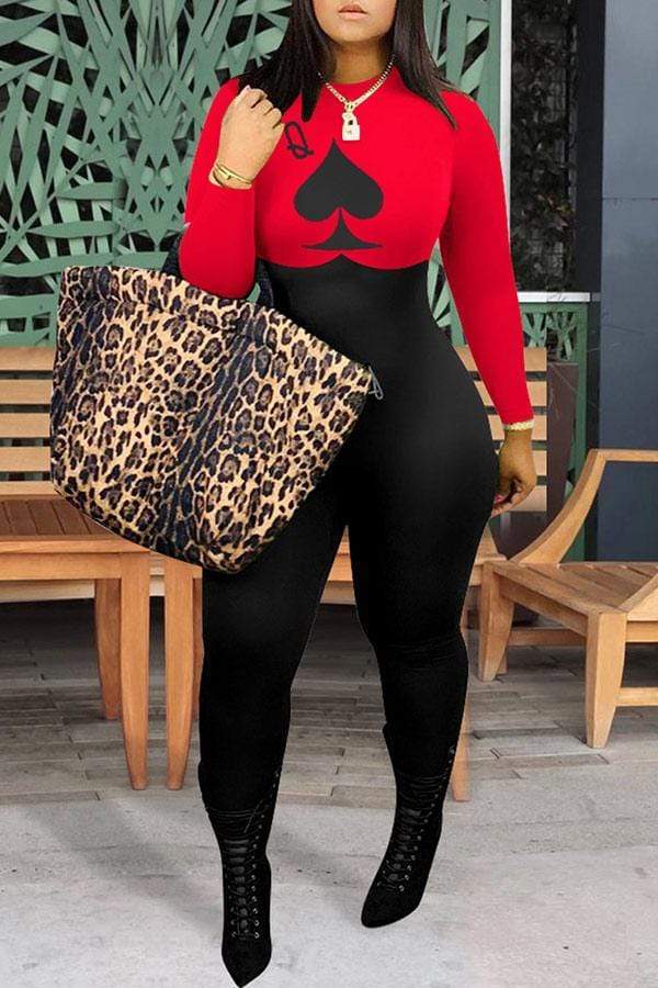 Fashion Poker Printed Long Sleeve Jumpsuit