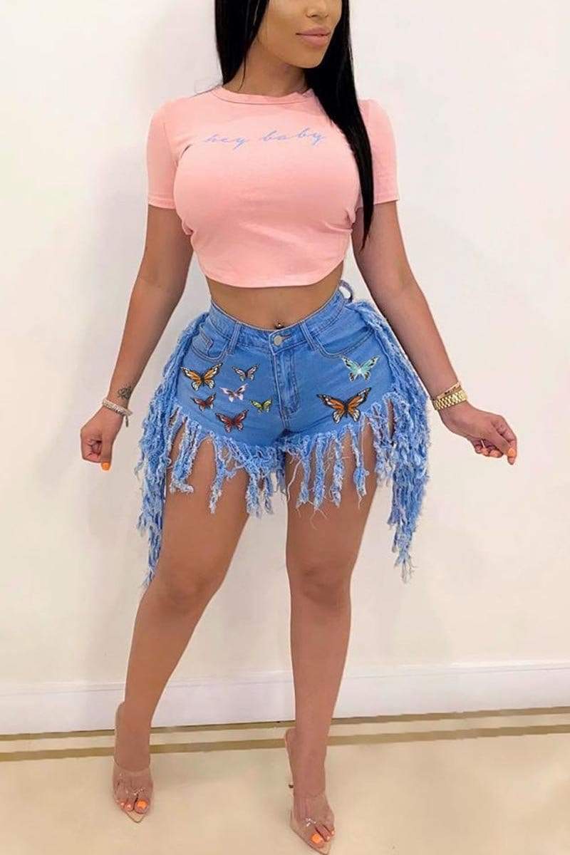 Fashion Sexy Tassel Butterfly Print Shorts