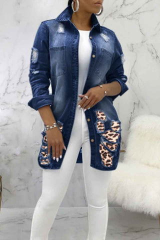 Fashion Leopard Stitching Denim Jacket