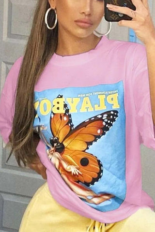 Casual Letter Butterfly Print T-Shirt