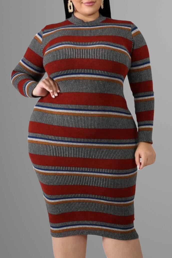 Round Neck Long Sleeve Striped Dress