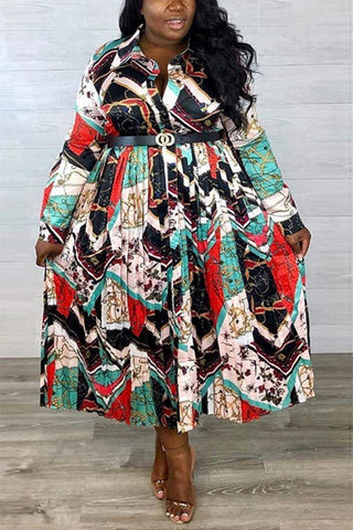 Sexy Print Pleated Satin  Neck Multicolor Dress