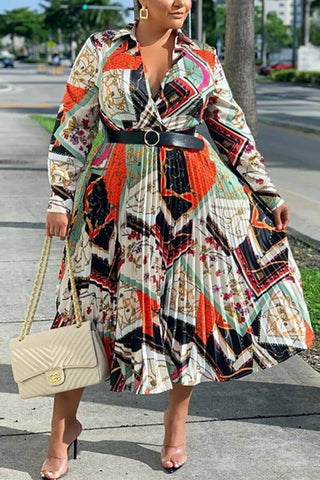 Sexy Print Pleated Satin  Neck Multicolor Dress