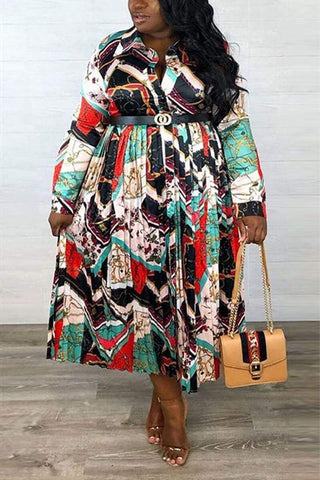 Sexy Print Pleated Satin  Neck Multicolor Dress