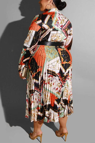 Sexy Print Pleated Satin  Neck Multicolor Dress