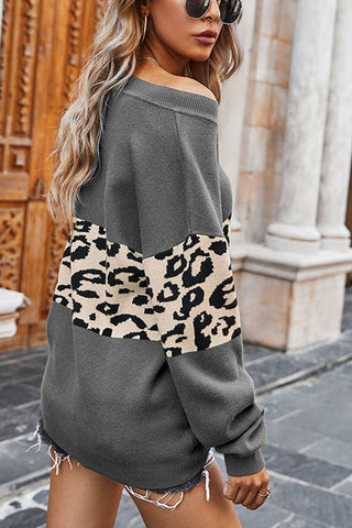 Fashion Leopard Splice Contrast V-neck Sweater