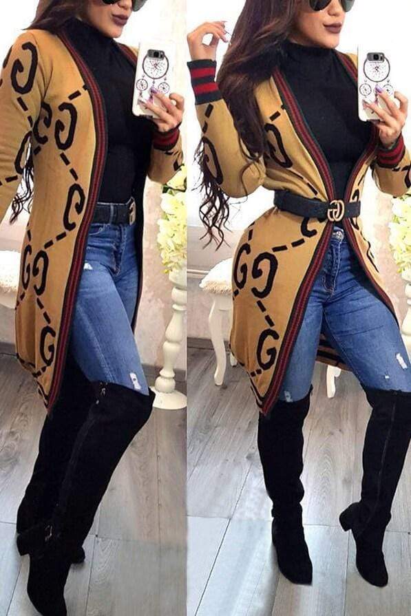 Casual Printed Yellow Cardigan Top