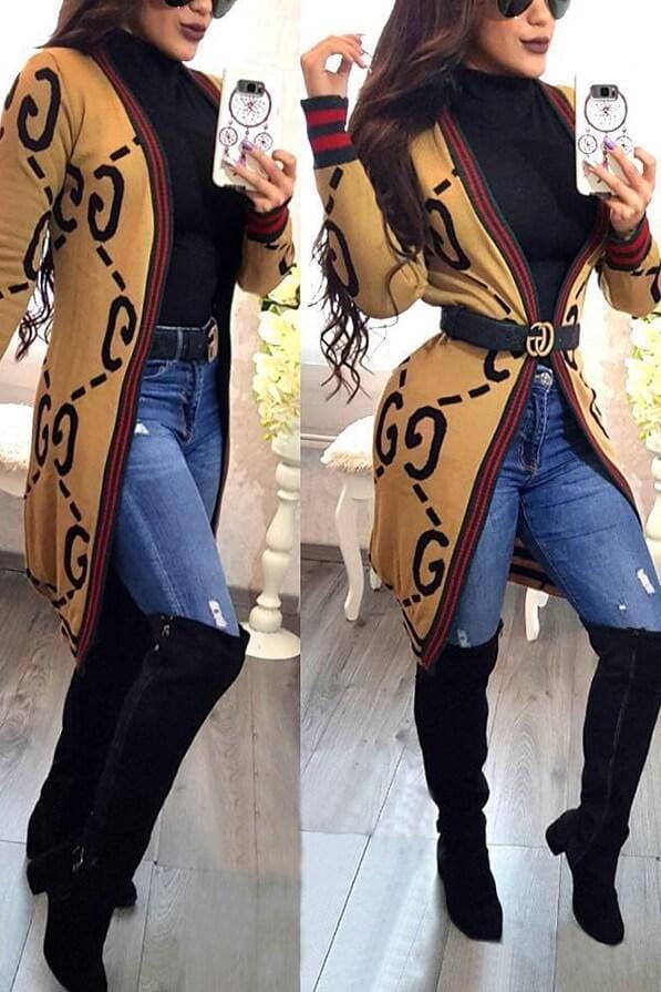 Free-shipping-online-clothing-casual-printed-yellow-cardigan-top
