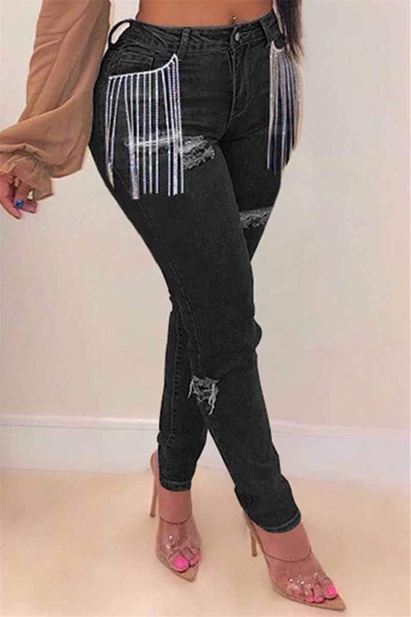 Fashion Casual Tassel Shredded Jeans