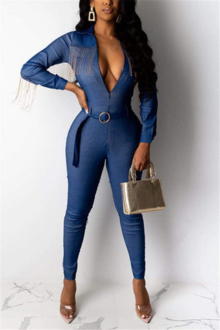 Sexy Tassel Solid Color Denim Jumpsuit (Including Belt)