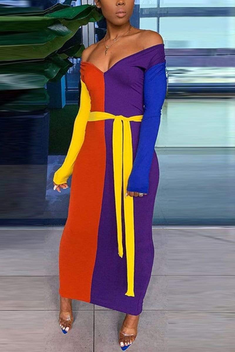 Sexy V-Neck Multicolor Dress (With Belt)