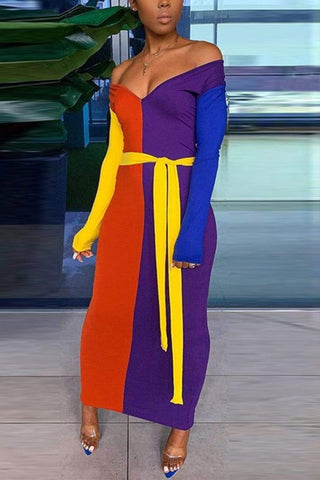 Sexy V-Neck Multicolor Dress (With Belt)