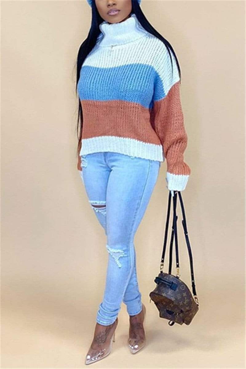 Casual Turtleneck Patchwork Long Sleeve Sweater
