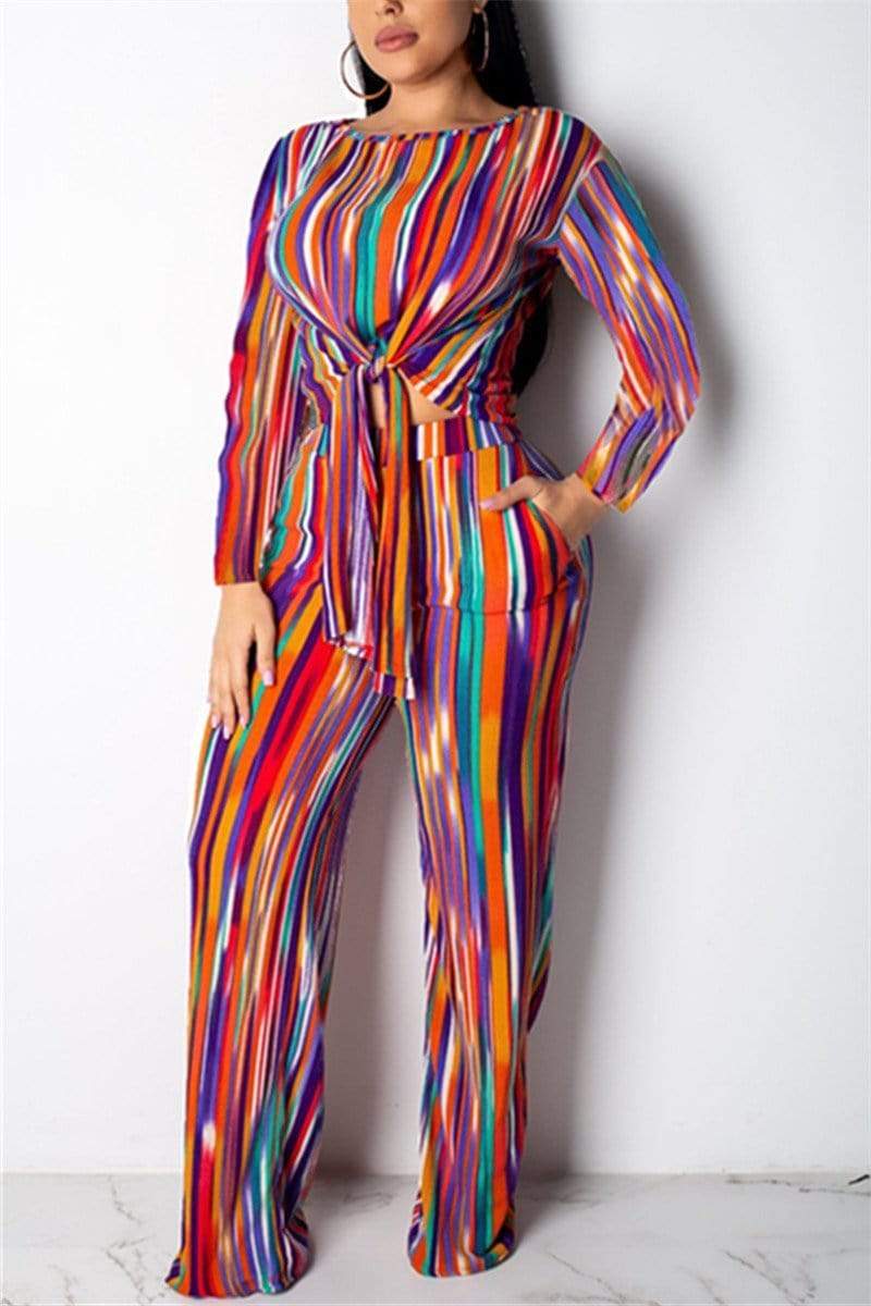 Fashion Stripe Print Long Sleeve Two Piece