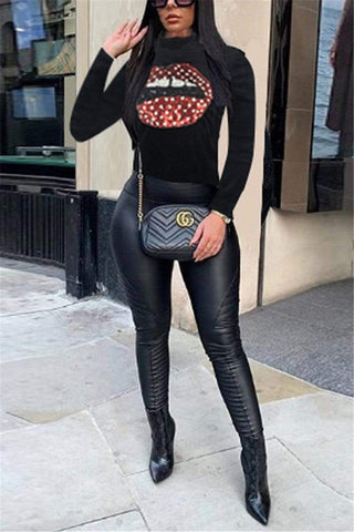 Casual Lips Sequined Long Sleeve Top