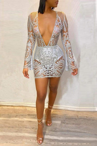 Sexy Sequin V-Neck Perspective  Dress
