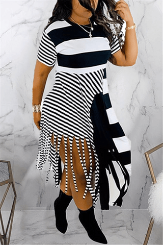 Fashion Print Striped Tassel Dress