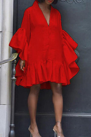 V-neck Loose Ruffled Elegant Midi Dress