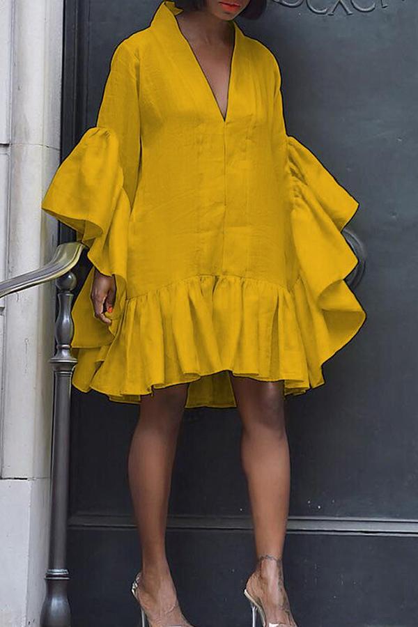 V-neck Loose Ruffled Elegant Midi Dress