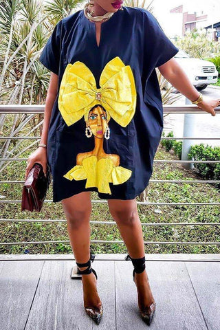 Bow Portrait Print Loose Pocket Dress