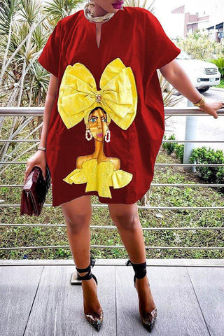 Bow Portrait Print Loose Pocket Dress