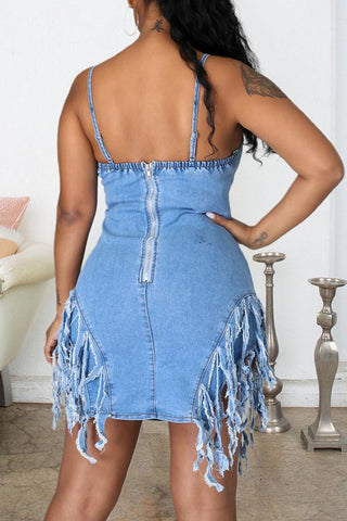 Fringe Stitching Fashion Strap Denim Dress