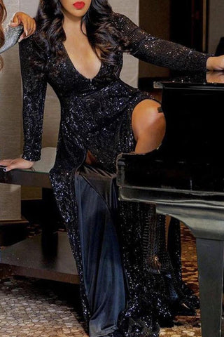 V-neck Sequined Slit Maxi Evening Dress