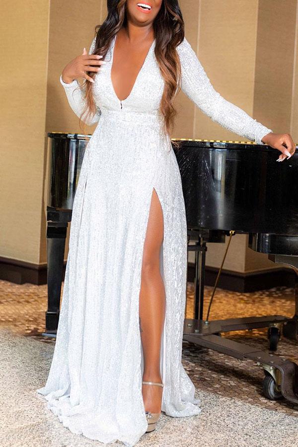 V-neck Sequined Slit Maxi Evening Dress