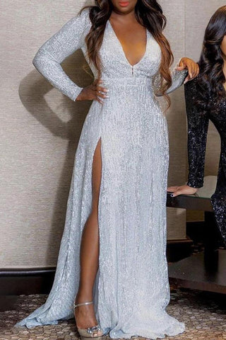 V-neck Sequined Slit Maxi Evening Dress