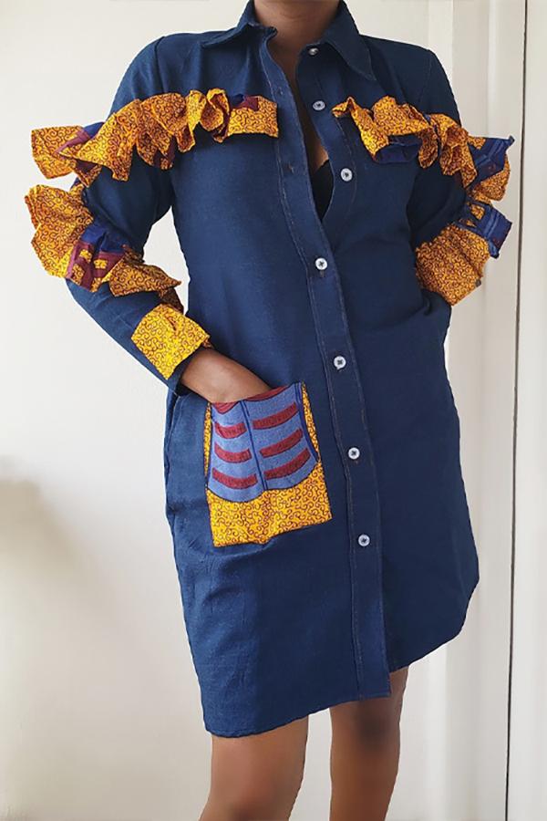 Ruffle Stitching Single-breasted Lapel Pocket Denim Shirt Dress