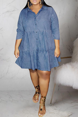 Lapel Buttoned Pleated Loose Denim Dress