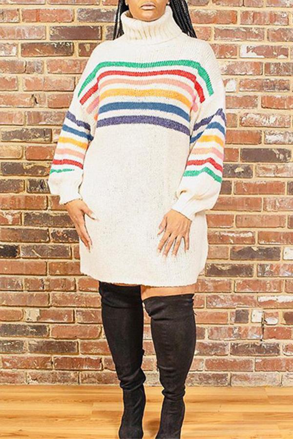 Rainbow Striped Turtleneck Pullover Mid-length Sweater Dress