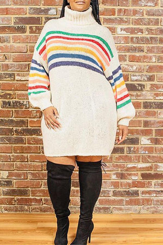 Rainbow Striped Turtleneck Pullover Mid-length Sweater Dress