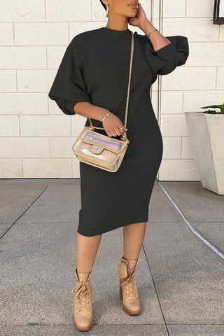 Free-shipping-online-clothing-sale-knee-length-ruffle-sleeve-casual-solid-color-round-neck-casual-wear-dress-l1449