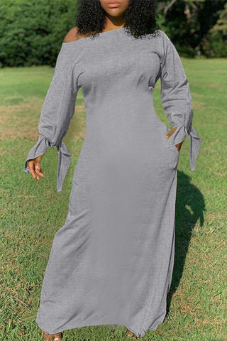 Pure Color Knotted Long Sleeve Casual Pocket Maxi Dress Plus Size