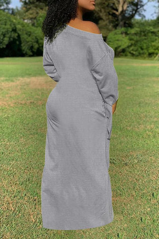 Pure Color Knotted Long Sleeve Casual Pocket Maxi Dress Plus Size