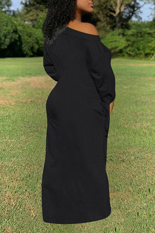 Pure Color Knotted Long Sleeve Casual Pocket Maxi Dress Plus Size