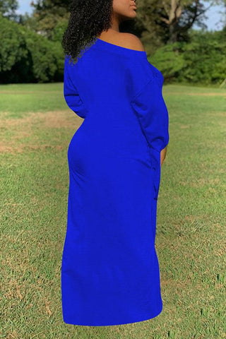 Pure Color Knotted Long Sleeve Casual Pocket Maxi Dress Plus Size