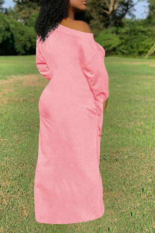 Pure Color Knotted Long Sleeve Casual Pocket Maxi Dress Plus Size