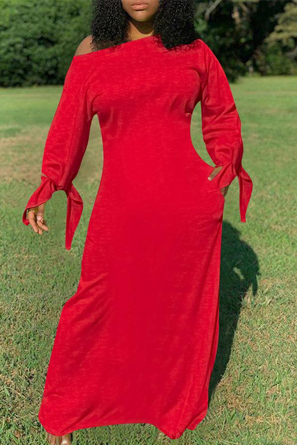 Pure Color Knotted Long Sleeve Casual Pocket Maxi Dress Plus Size