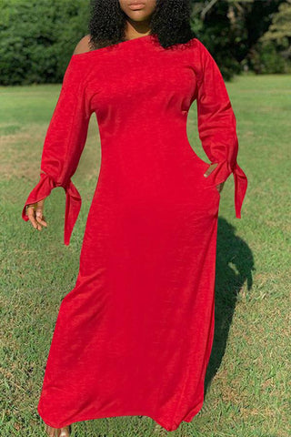 Pure Color Knotted Long Sleeve Casual Pocket Maxi Dress Plus Size