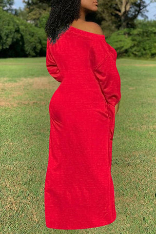 Pure Color Knotted Long Sleeve Casual Pocket Maxi Dress Plus Size